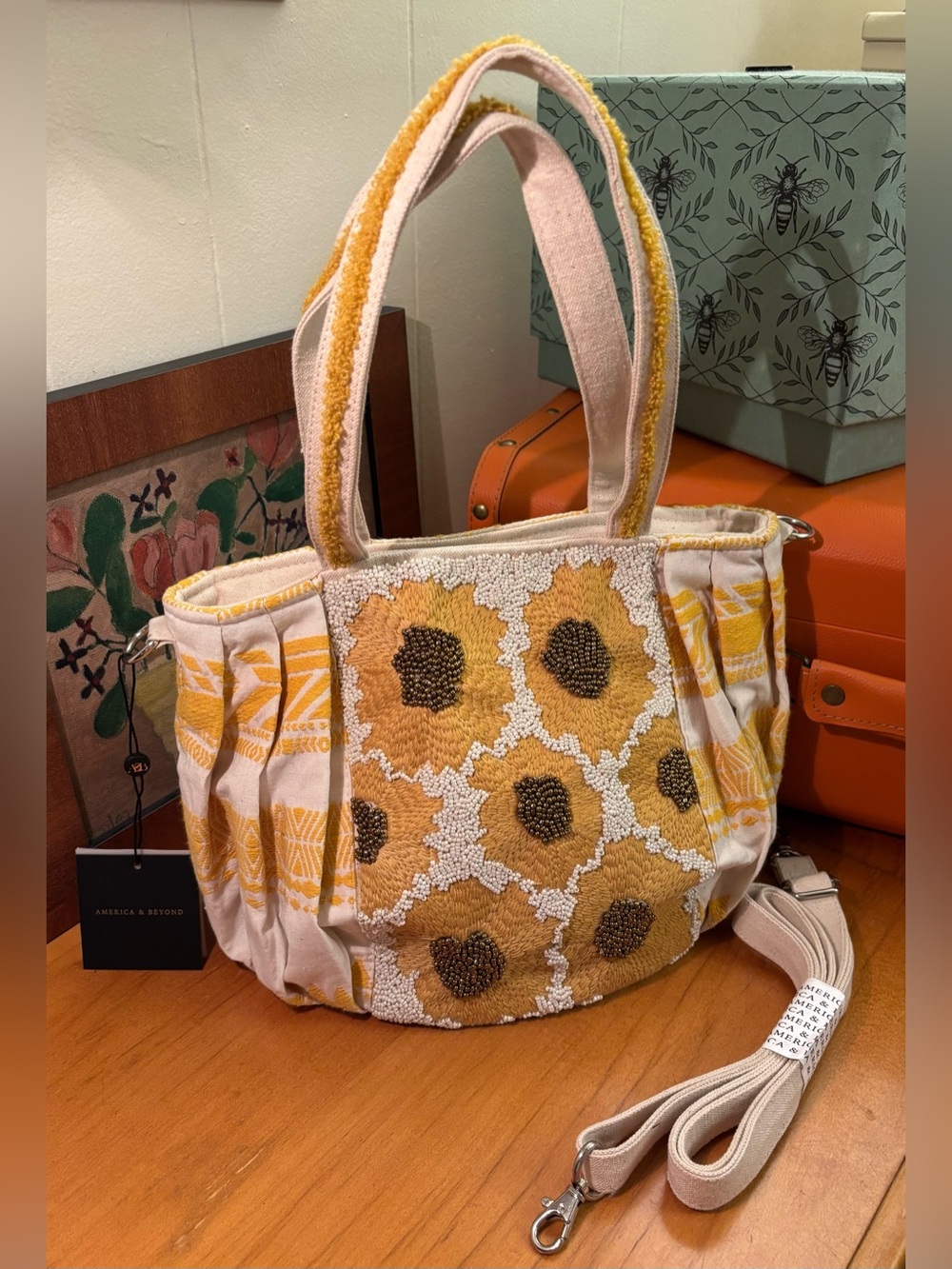 America & Beyond tote shoulder bag BEADED sunflower pattern YELLIW WHITE new NWT